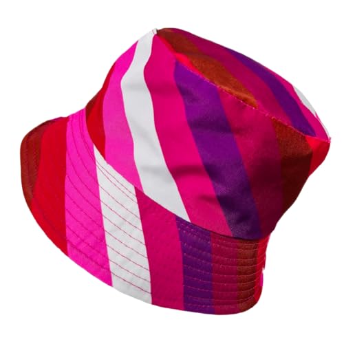 Pride Unisex Bucket Hat Reversible Double-Side-Wear Packable for Travel, Outdoors, and Beach - color: Pink/Purple/Magenta/Brown/Red/White Stripes