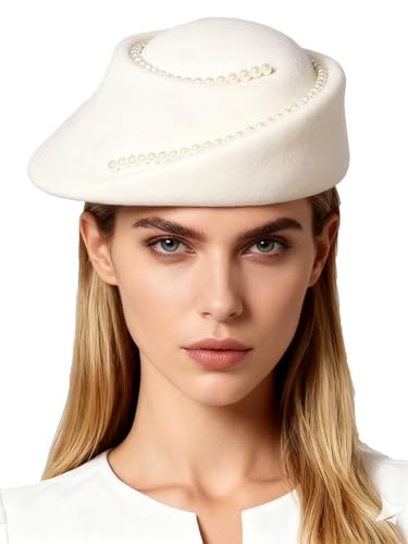 Small Top Hats for Women Elegant Winter Vintage Beret Wool Felt Fedoras Ladies Luxury Wedding and Church Cap Female - color: White 2