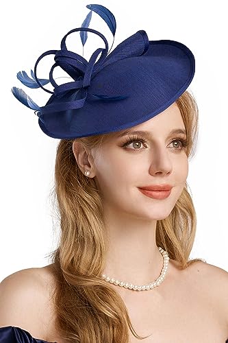 BABEYOND Wide Linen Feather Derby Fascinators Hats for Women Tea Party Hat - color: Style 2-navy Blue