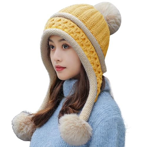HUAMULAN Women Winter Peruvian Beanie Hat Ear Flaps Fleece Lining - color: Yellow
