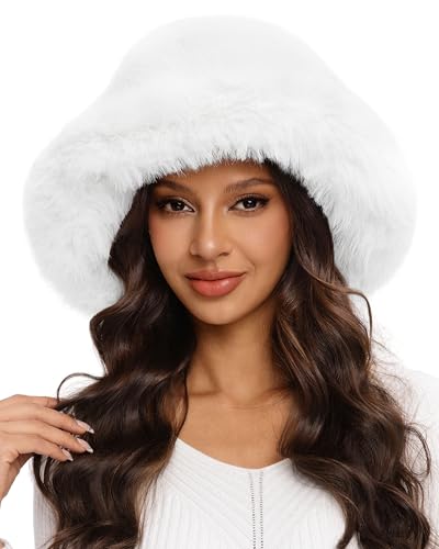 Women's Oversized Faux Fur Bucket Hat, Fluffy Plush Fuzzy Winter Warm Hat - color: White