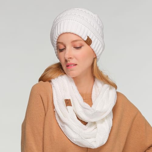 CC Classic Winter Fall Trendy Chunky Stretchy Cable Knit Beanie Hat - color: Solid White