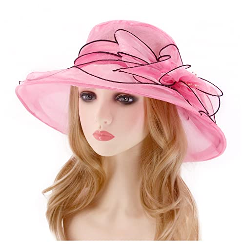 Haoohu Women's Church Derby Hat Wide Brim Bow Bucket Hat Wedding Dress Hat Fascinator Bridal Tea Party Hat - color: Rose Red 03161