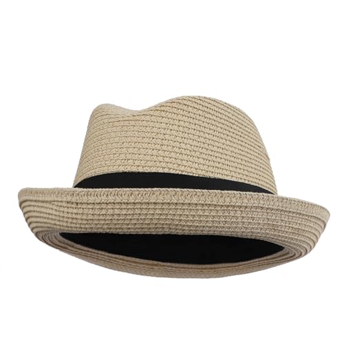Kids Fedora Hat Panama Trilby Hat Sun Straw Hats Jazz Short Brim Roll Up Summer Beach Cap for Boys Girls 2-7 Years - color: Beige