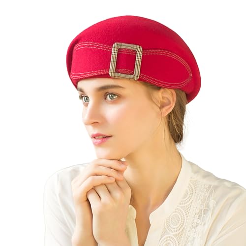 Wedding Hats for Women Vintage Wool Felt Berets Ladies Pearl Fascinator Autumn Winter Cap Bow Church Fedoras - color: Red 1