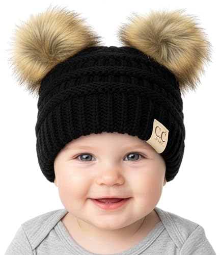 Funky Junque Double Pom Pom Baby Beanie – Newborn Girl Winter Hat 0–12 Months, Cute Cozy Knit Infant Beanies for Cold Weather - color: Black - Faux Fur Pom (2 Pom)