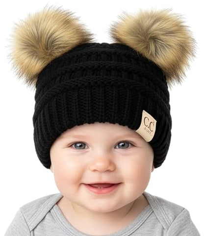 Funky Junque Double Pom Pom Baby Beanie – Newborn Girl Winter Hat 0–12 Months, Cute Cozy Knit Infant Beanies for Cold Weather - color: Black - Faux Fur Pom (2 Pom)