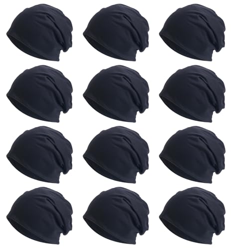 Tergy 4/10/12 Pieces Unisex Beanie Hats for Men Women Slouchy Beanie Hip-Hop Caps Lighweight Soft Skull Caps for Chemo Sleep - color: 12 Black
