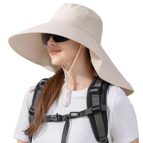 UV-Sun-Protection Wide-Brim-Sun-Hat for Womens - Foldable Sun-Bucket-Hat with Neckflap Summer Outdoor Safari Cap - color: Beige