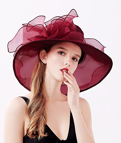 Women's Kentucky Derby Church Dress Hat Wide Brim Leaf Flower Bridal Shower Hat - color: J1-burgundy