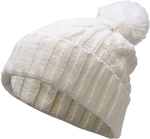 KBETHOS Women's Winter Warm Thick Oversize Knitted Beanie Hat with Pom Pom - color: White Cable Knit Pom Beanie