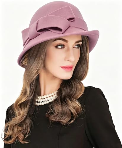 Z&X Women Winter Wool Felt Cloche Bucket Hat 1920s Vintage Gatsby Hat Elegant Bow Church Wedding Hat - color: 026 Pink