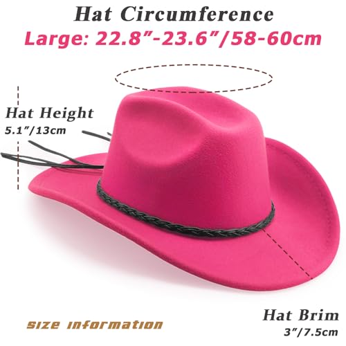 DRESHOW Western Cowboy Hat for Men Women Cowboy Cowgirl Hat Outdoor Wide Brim Retro Felt Fedora Hats Unisex Rolled up Caps - color: 1 Pack Style 9: Hot Pink With Braided Band