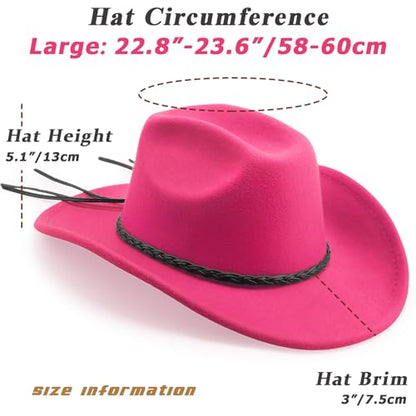 DRESHOW Western Cowboy Hat for Men Women Cowboy Cowgirl Hat Outdoor Wide Brim Retro Felt Fedora Hats Unisex Rolled up Caps - color: 1 Pack Style 9: Hot Pink With Braided Band