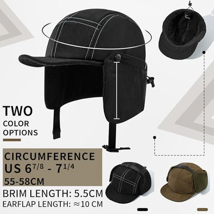 Clakllie Winter Earflaps Hat Short Brim Baseball Cap with Ear Flap Warm Trapper Hat Soft 5 Panel Style Russian Hats - color: Cdus-bswd2403-black