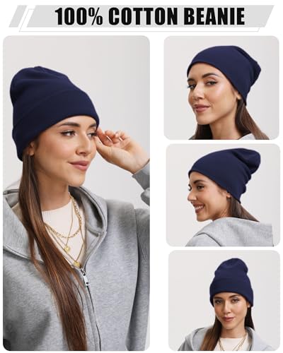 vidsel 100% Cotton Beanie Hat-Unisex Winter Knit Cuffed Beanies Skull Cap - color: 1-navy Blue