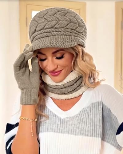 Loritta 3 in 1 Womens Winter Hat Gloves Scarf Set, Warm Hat Mittens - color: Coffe