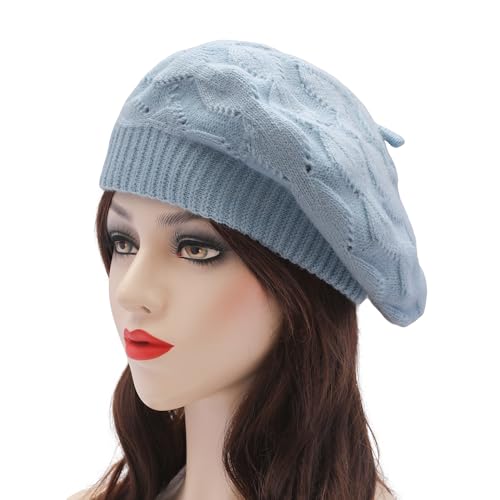 ZLYC Women French Beret Hat Reversible Solid Color Knit Warm Artist Cap - color: Cable Pattern Light Blue