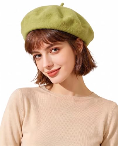 French Beret Hats for Women Men - Classic Wool Beanie Winter Cap - color: Pea Green