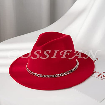 Women Men Wide Brim Fedoran Hat with Chain Belt Buckle - color: Red