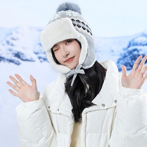 Women Winter Beanie Hat Thick Fleece Lined Warm Earflap Trapper Hat Pom Pom Jacquard Knited Outdoor Ski Snow Cap - color: Style 2-gray