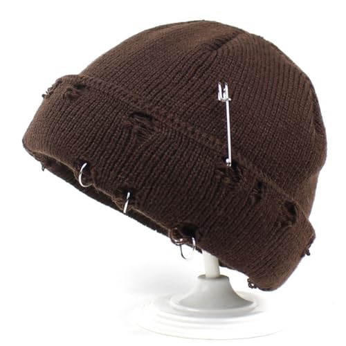 Distressed Ring Beanie Hat for Women Men Slouchy Skull Cap - color: Coffee