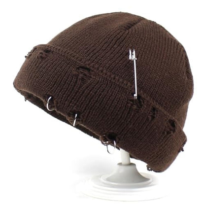 Distressed Ring Beanie Hat for Women Men Slouchy Skull Cap - color: Coffee