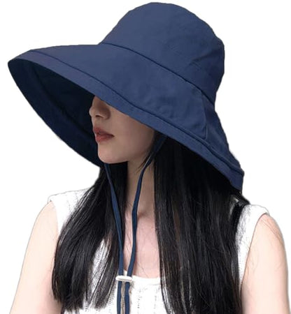 Wide Brim Bucket Hat - UPF50+ Protection Travel Beach Sun Hat with Semi-Rigid Adjustable Foldable Brim - color: Navy