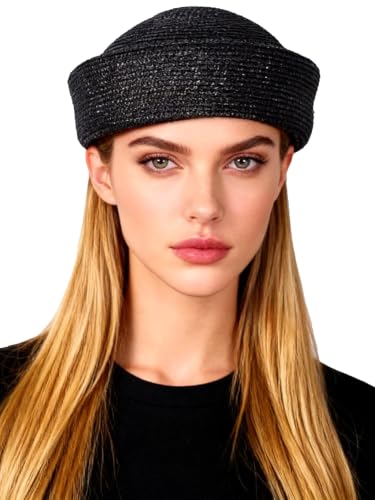 Straw Pillbox Hats for Women Ladies Vintage Wedding Formal Church Tea Party Cocktail Hat - color: Black