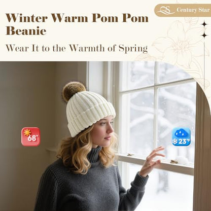 Satin Lined Beanie for Women with Detachable Pom Pom, Winter Cuffed Hat - color: 01 Black