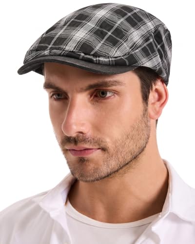 ZLYC Men Summer Flat Cap Scally Ivy Gatsby Newsboy Beret Driver Hat - color: Plaid Black