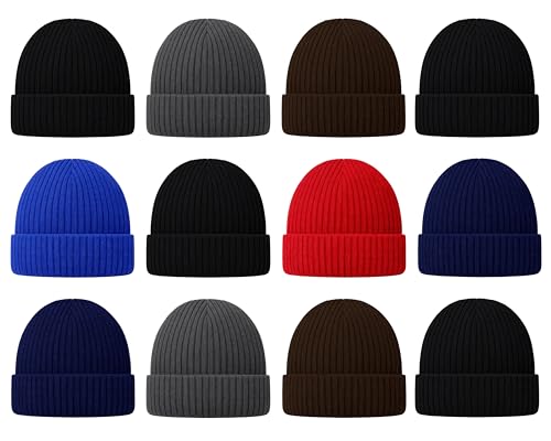 12 Pack Winter Beanie Hats for Men Women, Warm Cozy Knitted Cuffed Skull Cap, Wholesale - color: Assorted Ribbed