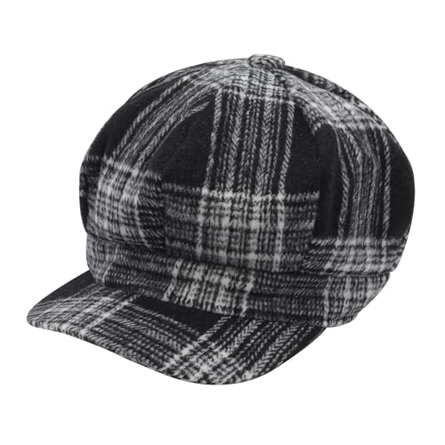 ZLYC Women Classic Newsboy Cap Visor 8 Panel Gatsby Cabbie Paperboy Hat - color: Tartan Plaid Black