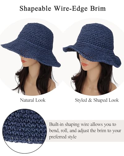 Womens Crochet Straw Sun Hat Foldable Floppy Wide Brim Beach Hat for Summer - color: Dark Blue
