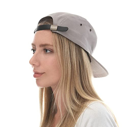 The Hat Depot Made in USA Cotton Twill 5 Panel Flat Brim Genuine Leather Brass Biker Board Cap - color: Grey