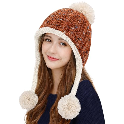 HUAMULAN Women Winter Sherpa Knit Beanie Hat Fleece Lined Ear Flaps - color: Reddish Brown