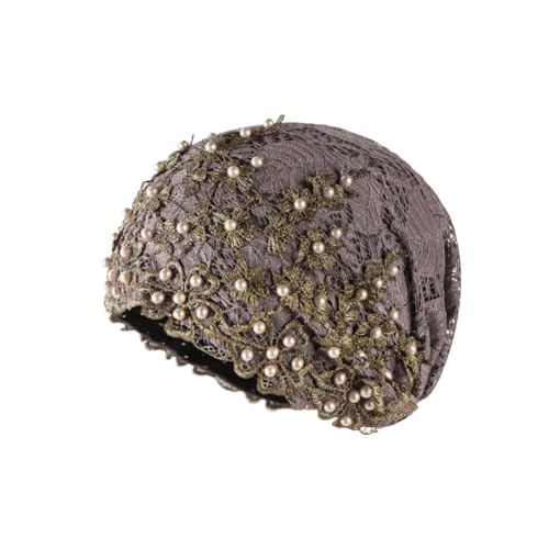 haozaikeji Women Flower Turban Hat Rhinestones Muslim Islamic Head Wrap African Pearl Turban Soft Stretchy Head Cover - color: Light-purple