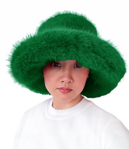 Lina & Lily Oversized Winter Faux Fur Bucket Hat for Women - Long Pile Fur Wide Moldable Brim - color: Emerald Green