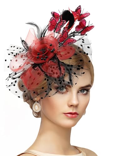 Zinniday Butterfly Derby Hat 2025 - Classic Tea Party Hats with Hair Clip, 1920s 50s Fascinators for Lady Woman - color: Black Red