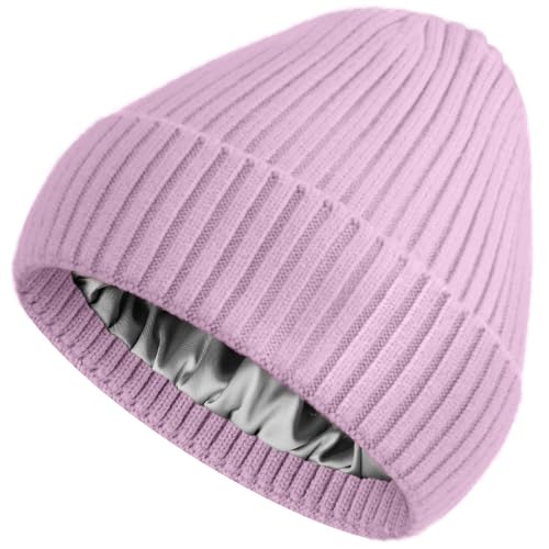 Satin Lined Wool Acrylic Blend Beanie Hat Women Men, Winter Knit Cap - color: Pinky Purple