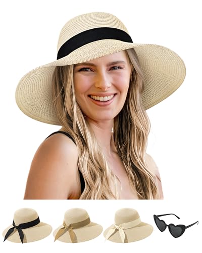 Sun Straw Hats for Women, Wide Brim Summer Beach Hat - color: Beige, size: Large