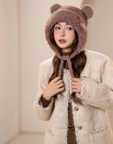 Women Winter Sherpa Beanie Hats Knit Ear Flap Hat Fleece Lined - color: Reddish Brown