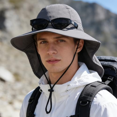 Sun Hats for Men Women with Neck Flap UPF 50+ UV Protection Wide Brim Bucket Hat Safari Hiking Fishing Hats - color: Light Grey