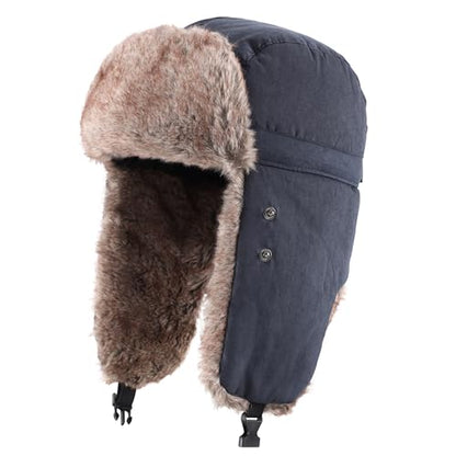 Home Prefer Mens Warm Faux Fur Trooper Trapper Hat Outdoor Reflective Winter Hunting Hat with Ear Flaps Face Mask - color: Navy Blue