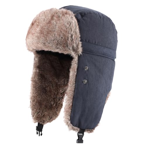 Home Prefer Mens Warm Faux Fur Trooper Trapper Hat Outdoor Reflective Winter Hunting Hat with Ear Flaps Face Mask - color: Navy Blue