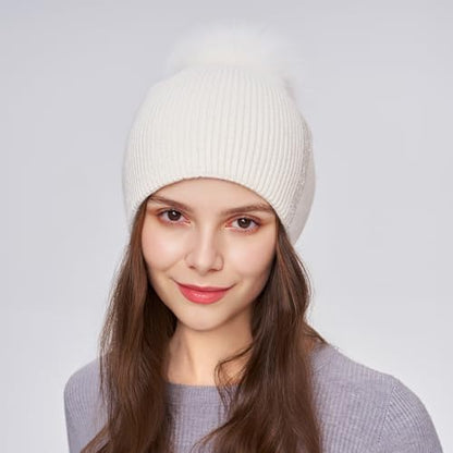 Women's Knitted Angora Wool Hat for Autumn and Winter Warm and Stylish with Rolled Brim and Slanted Rhinestones Cap - color: A-white
