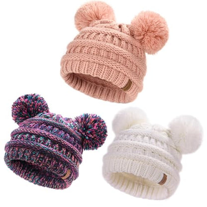 FURTALK Baby Winter Knitted Beanie Hat Soft Warm Pom Poms Toddler Skull Cap - color: White+pink+multicolor, size: 0-12 Months