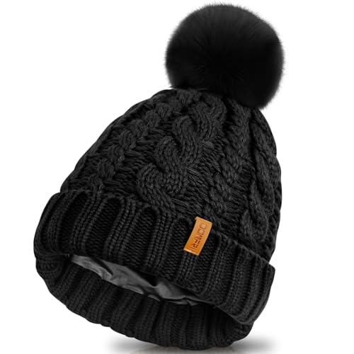 Donfri Women's Satin Lined Knit Beanie with Pompom Oatmeal - color: Black