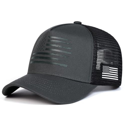 American Flag Trucker Hat, Breathable Mesh Snapback Baseball Cap for Men Women - color: Dark Gray