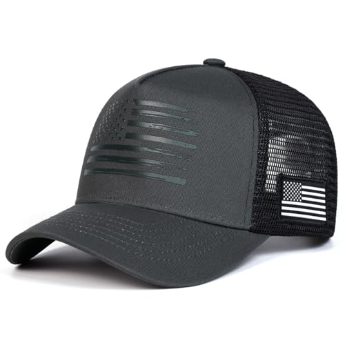 American Flag Trucker Hat, Breathable Mesh Snapback Baseball Cap for Men Women - color: Dark Gray